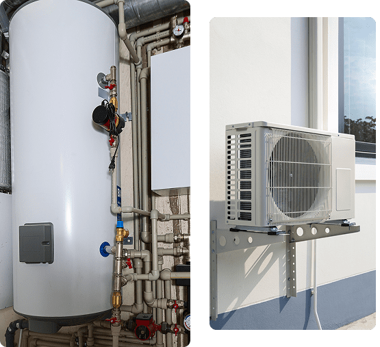 Industrial water heater tank with pipes and an outdoor HVAC unit.
