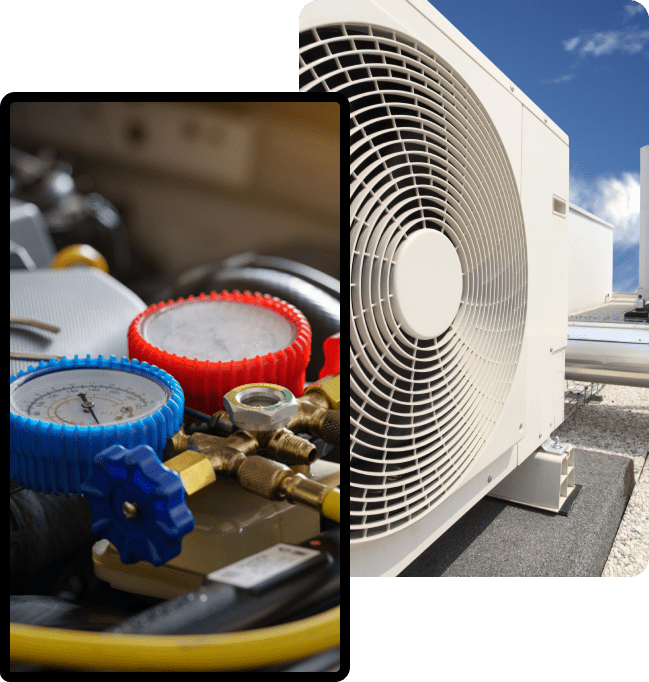HVAC gauges and manifold with an outdoor air conditioning unit.