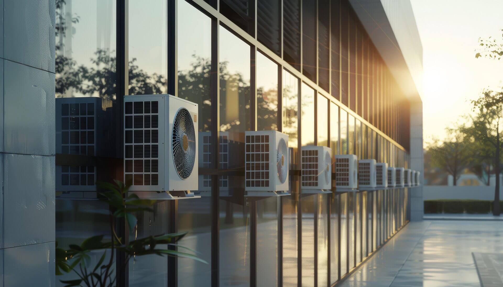 Row of air conditioning units mounted on a building's exterior wall.