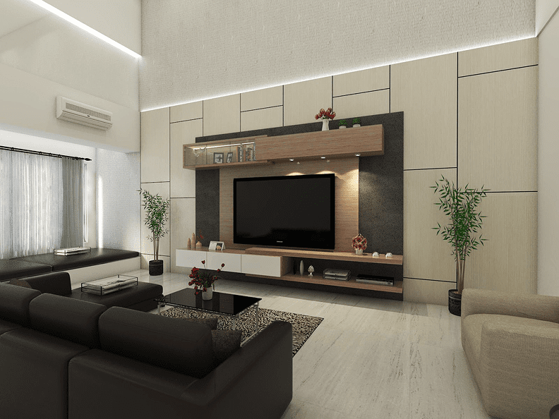 Modern living room with sleek furniture and ambient lighting.