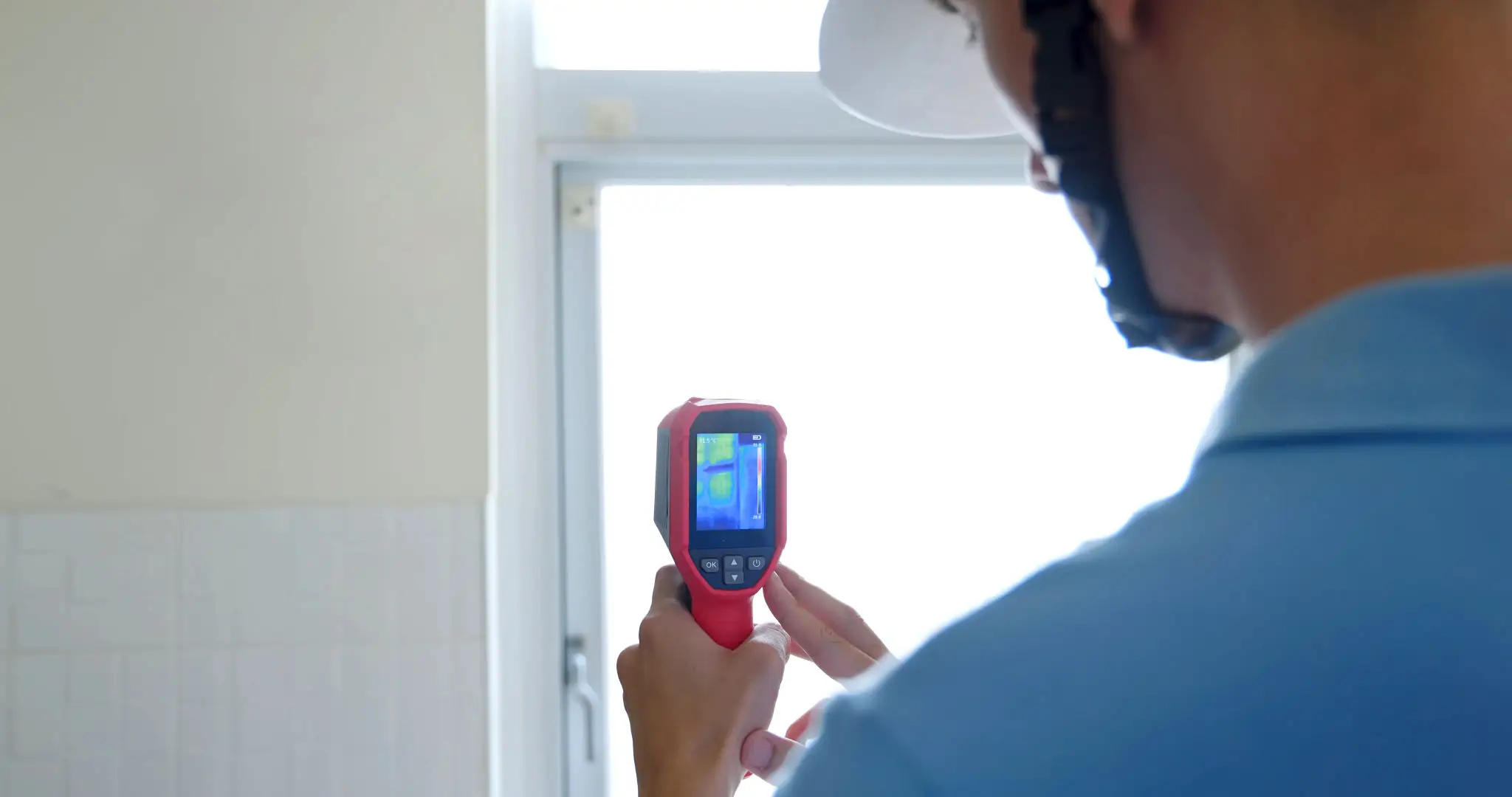 Worker using a thermal camera to inspect a door frame.