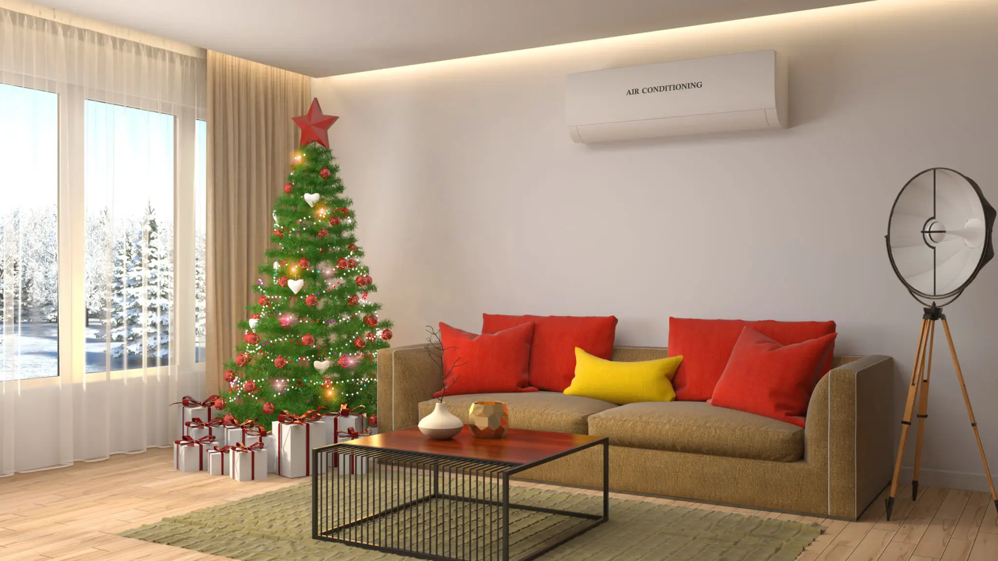 Cozy living room with a decorated Christmas tree and colorful cushions.