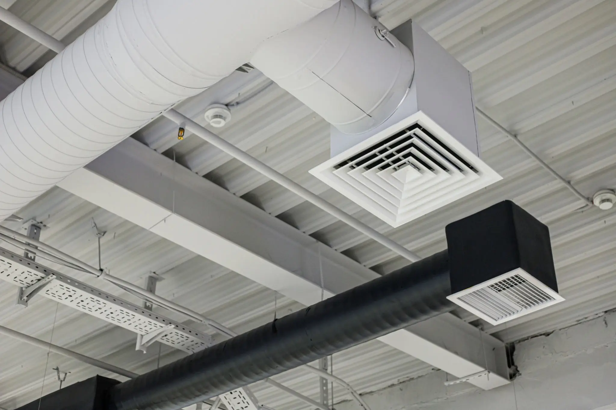 Ceiling with ventilation ducts and lighting fixtures in an industrial interior.