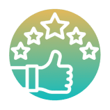 Thumbs up with five stars rating icon.