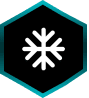 Hexagon with white snowflake on black background.