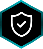 Shield icon with checkmark inside hexagon.