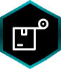 Package icon inside teal hexagonal border.