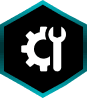 Gear and wrench icon in hexagon.