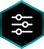 Settings icon with sliders in hexagon.