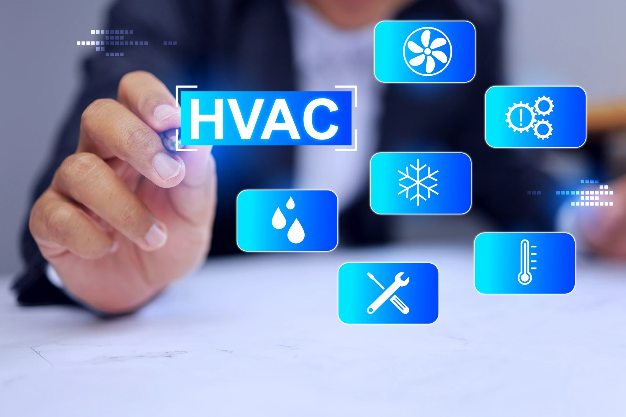 HVAC symbols with hand pointing at icons.
