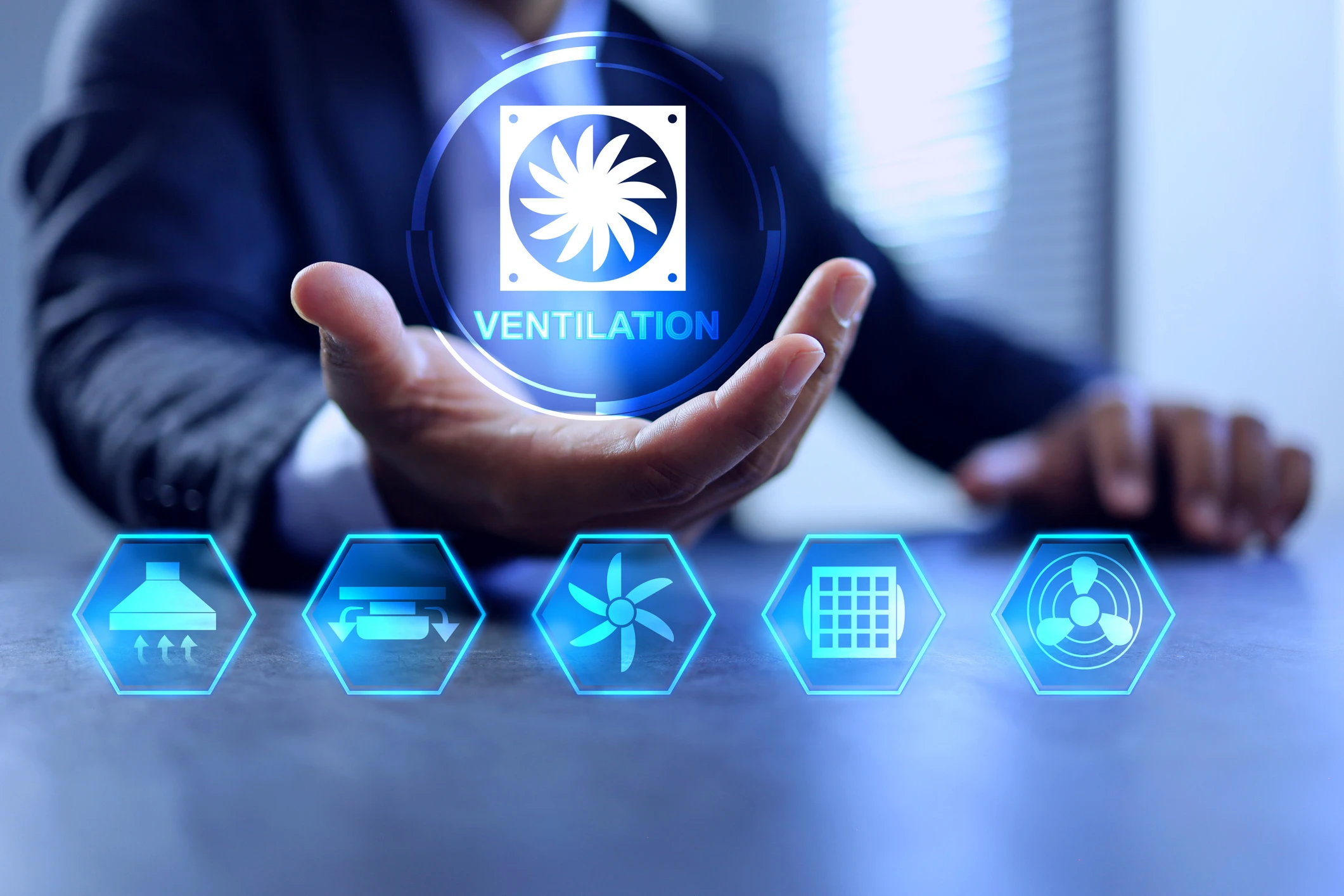 Hand holding digital ventilation icons hologram.