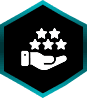Hand holding stars in hexagon icon.