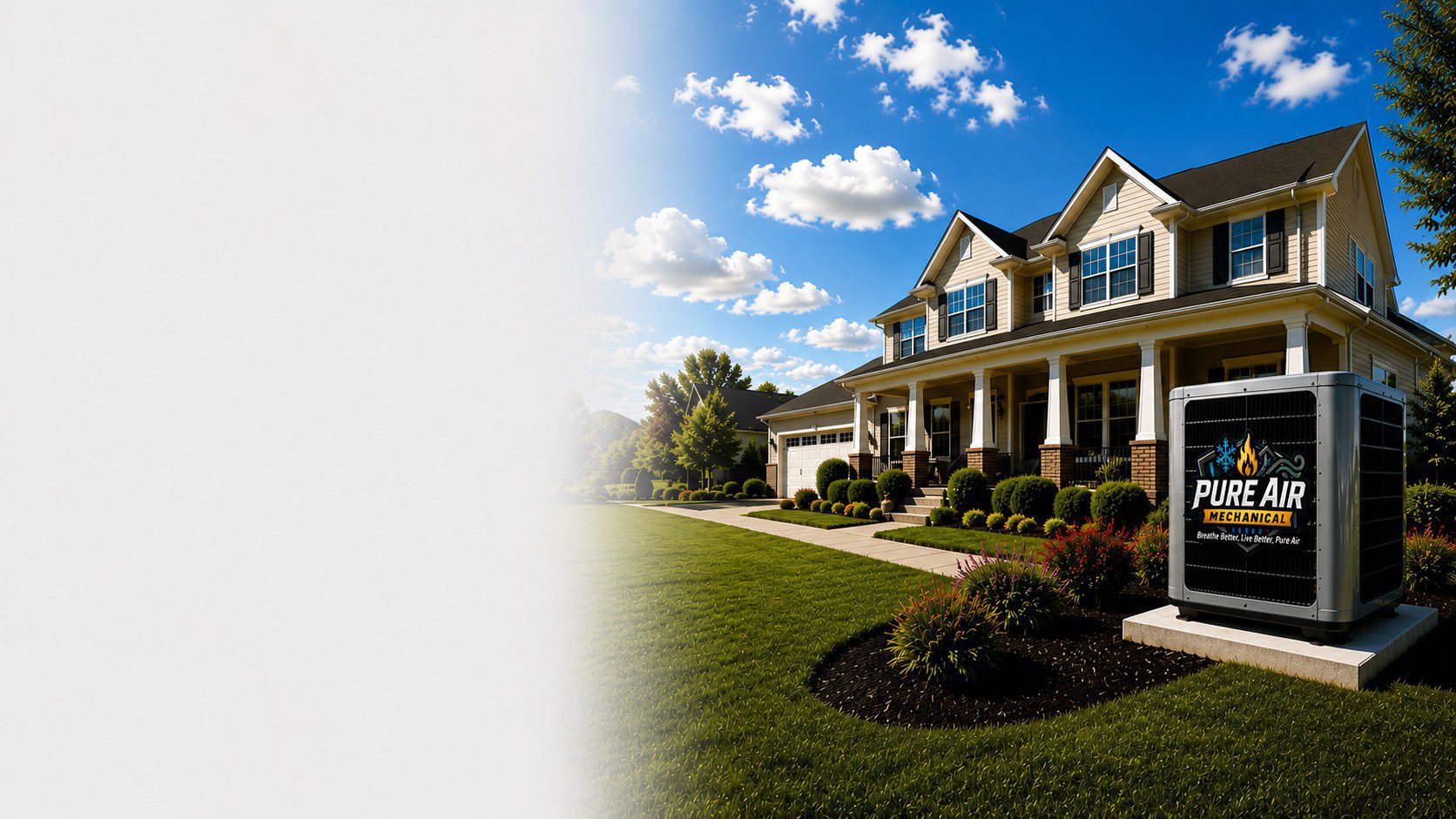 Large house with Pure Air advertisement outside.