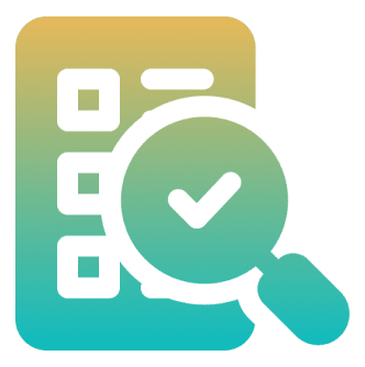 Checklist with magnifying glass and checkmark.