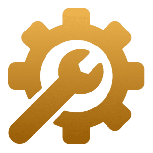 Gold wrench and gear icon on black.