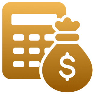 Calculator and money bag icon, golden color.