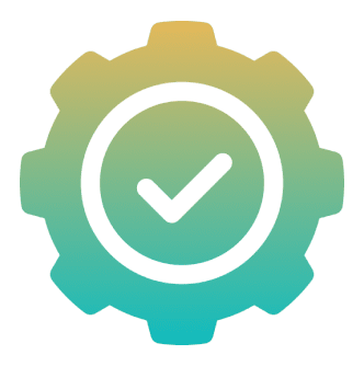 Checkmark inside gear icon on gradient background.