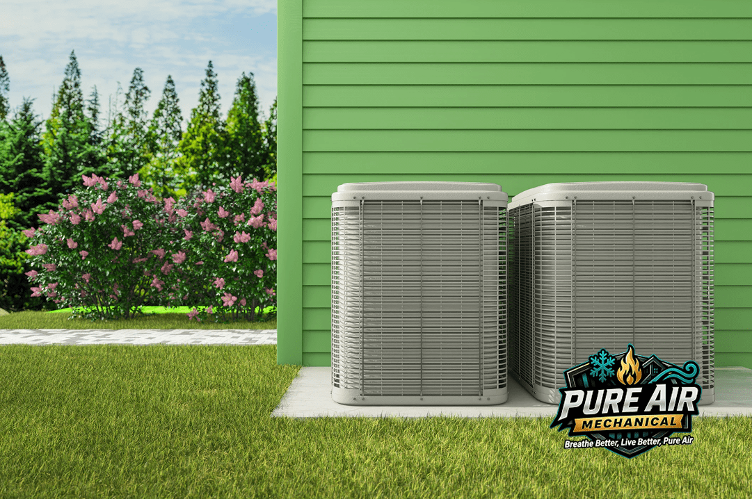 Air conditioning units outside green building.