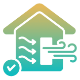 House icon with airflow and checkmark.