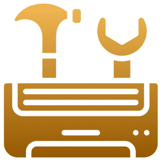 Gold toolbox with hammer and wrench icon.