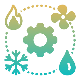 Gear with fire, fan, snowflake, water symbols.