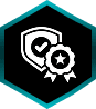 Shield and badge icon inside hexagon.