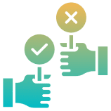 Two hands holding check and cross signs.