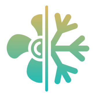 Fan and snowflake symbol on black background.