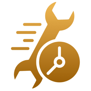Gold wrench and clock on black background.