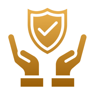 Hands holding shield with checkmark icon.