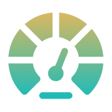 Colorful gradient speedometer icon on black background.
