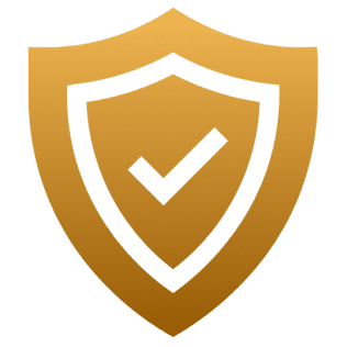 Gold shield with black checkmark symbol.