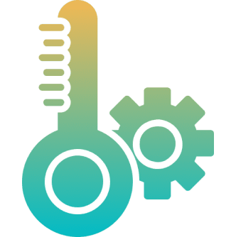 Thermometer and gear icon on black background.