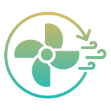 Fan icon with air flow arrows.