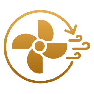 Gold fan icon with airflow arrows.