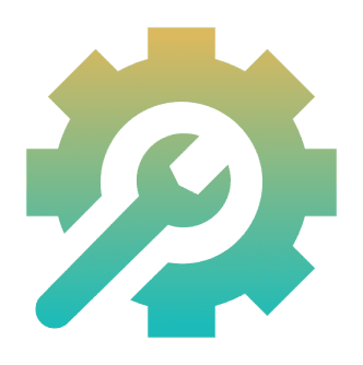 Cog and wrench icon on black background.