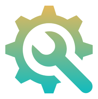 Gear and wrench logo on black background.