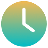 Multicolored clock icon with gradient background.