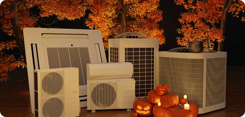 Air conditioners with pumpkins and autumn leaves.