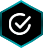 Checkmark inside hexagon on black background.